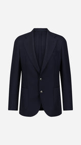 Le blazer droit Laurence en Mock Leno bleu nuit - photographié en ghost vue de face - Collection Printemps Été 2026 - Maison Gabriel Paris