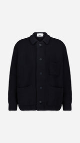 Cardigan Ayden en laine bleu marine LE MINOR X GABRIEL - Vue ghost face - Collection Automne Hiver 2025 - Maison Gabriel Paris