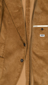 Détail tissu du costume droit Wes en velours côtelé noisette - vue de face et intérieur - de la Maison Gabriel Paris