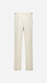 Le pantalon Melville en gabardine de coton coloris argile - Collaboration Zins X Maison Gabriel Paris - photographié en ghost vue de face - Collection Printemps Été 2026 - Maison Gabriel Paris