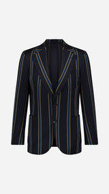 Le Rowing blazer droit Winston en laine et coton bleu nuit à rayures bleu roi et jaune - photographié en ghost vue de face - Collection Printemps Été 2026 - Maison Gabriel Paris
