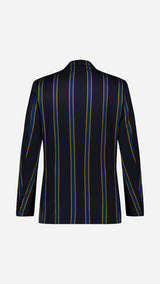 Le Rowing blazer droit Winston en laine et coton bleu nuit à rayures bleu roi et jaune - photographié en ghost vue de dos - Collection Printemps Été 2026 - Maison Gabriel Paris