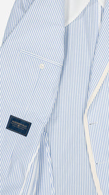 Veste James en seersucker à rayures bleu ciel et blanc galonnée- zoom tissu intérieur - Collection Printemps été 2025 - Maison Gabriel Paris