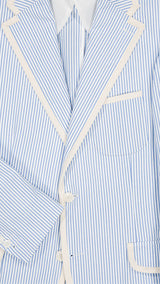 Veste James en seersucker à rayures bleu ciel et blanc galonnée- zoom tissu extérieur - Collection Printemps été 2025 - Maison Gabriel Paris