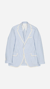 La veste James en seersucker à rayures bleu ciel et blanc galonnée - à plat - Collection Printemps été 2025 - Maison Gabriel Paris