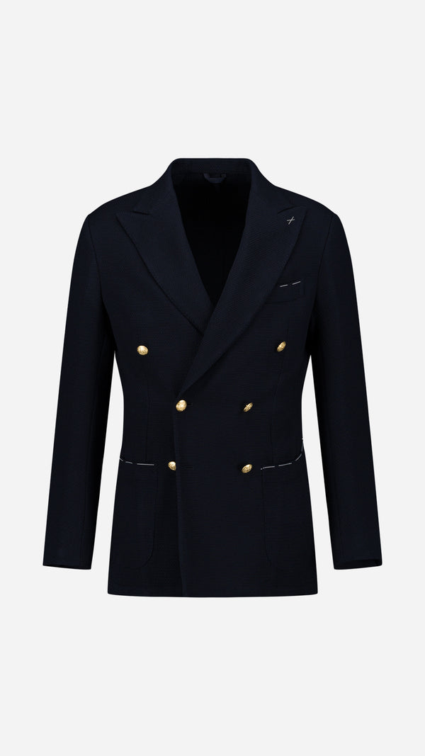 Blazer croisé Edgar en laine nattée bleu marine - porté ghost vue de face - Collection Automne Hiver 2025 - Maison Gabriel  Paris