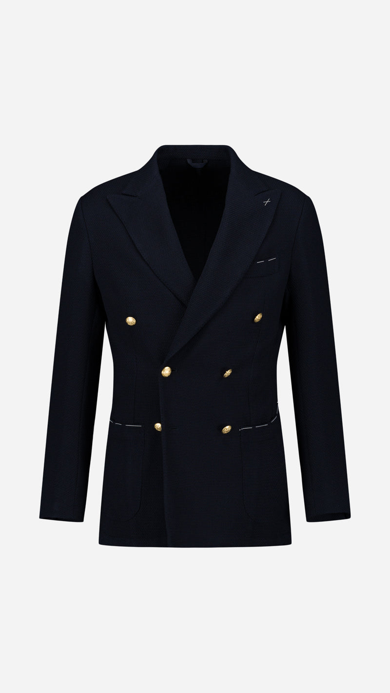 Blazer croisé Edgar en laine nattée bleu marine - porté ghost vue de face - Collection Automne Hiver 2025 - Maison Gabriel  Paris