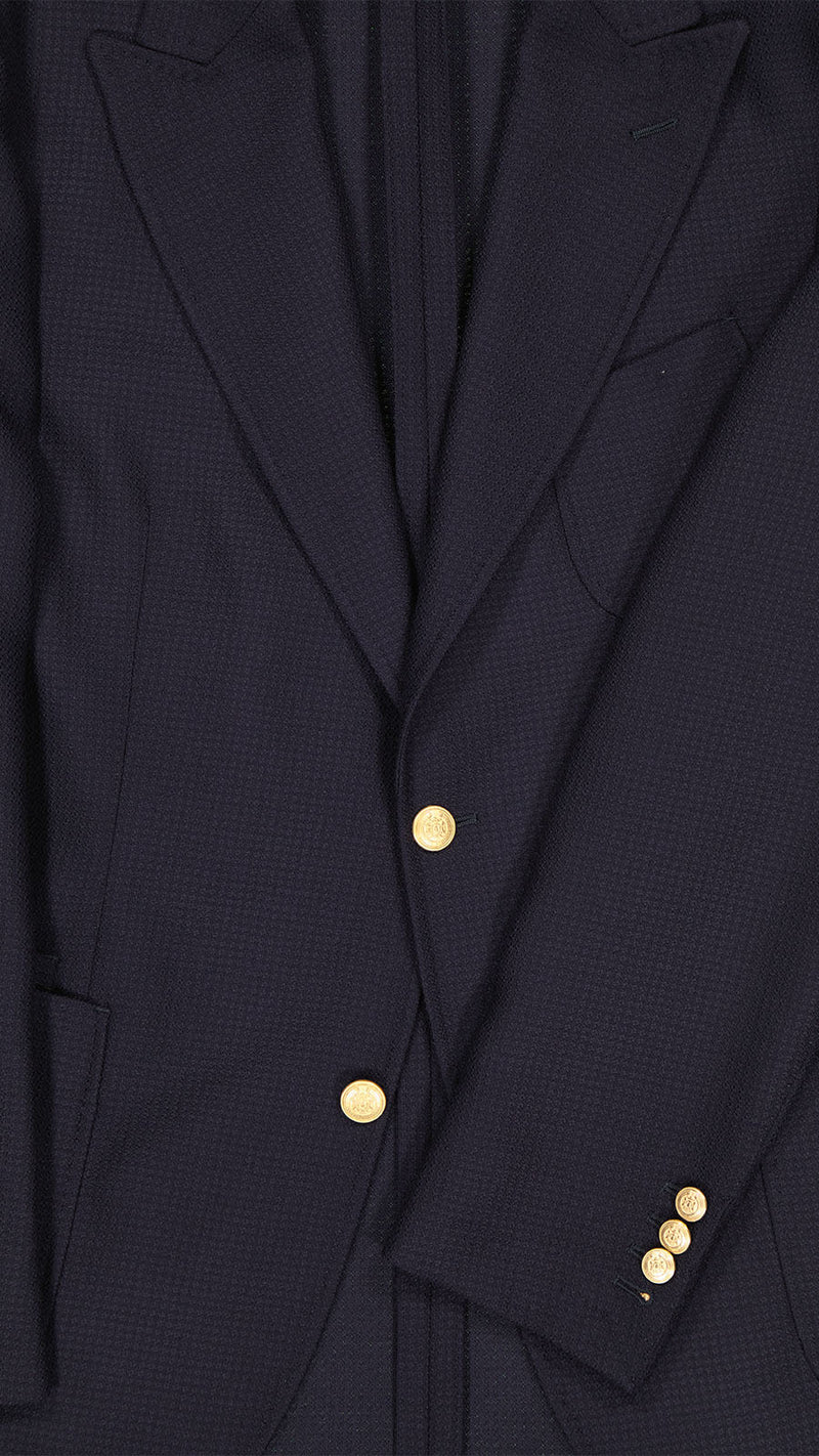 Détails du blazer Ripley en laine natté bleu marine de la collection Plein Soleil, vue face, de la Maison Gabriel Paris