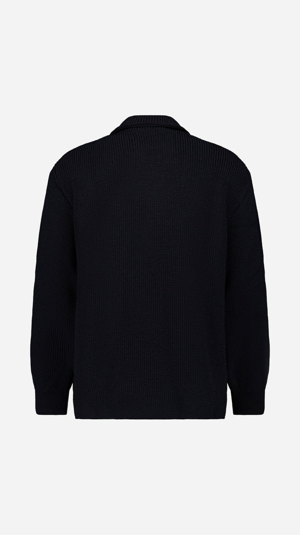 Cardigan Ayden en laine bleu marine LE MINOR X GABRIEL - Vue ghost dos - Collection Automne Hiver 2025 - Maison Gabriel Paris