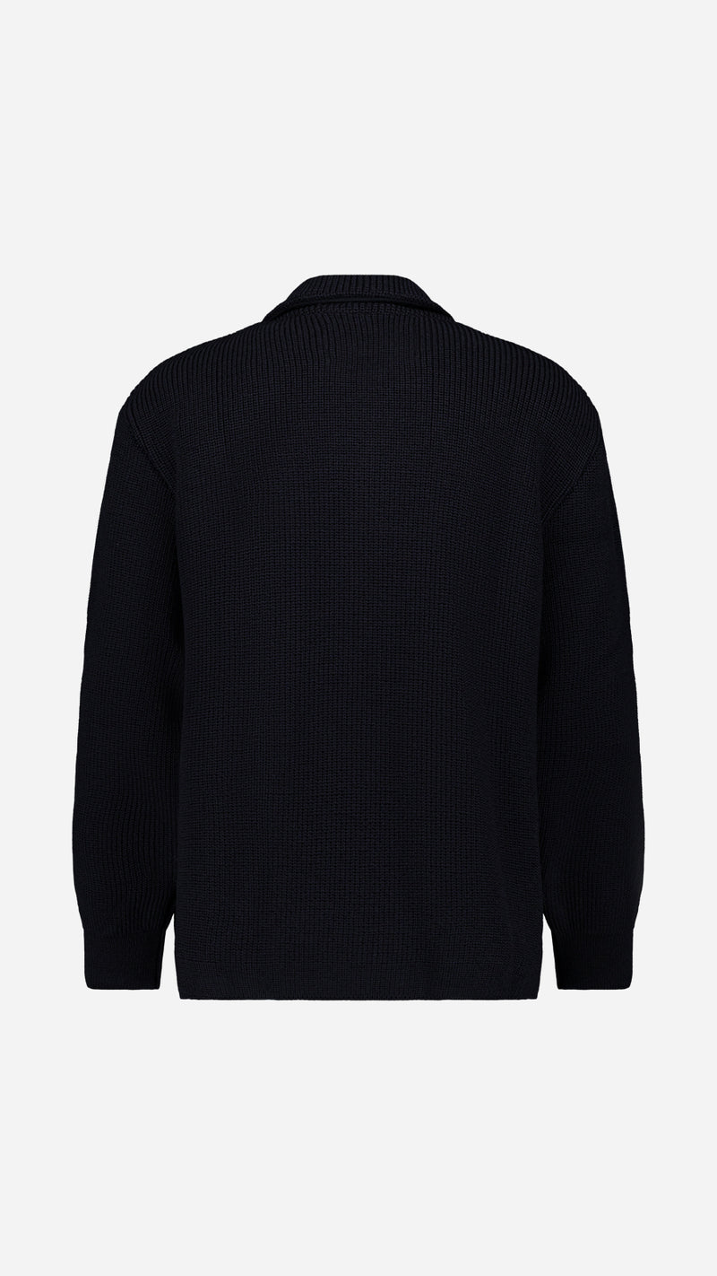 Cardigan Ayden en laine bleu marine LE MINOR X GABRIEL - Vue ghost dos - Collection Automne Hiver 2025 - Maison Gabriel Paris