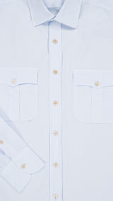 Détail tissu de la chemise Diego en popeline de coton lavée coloris bleu ciel - photographiée vue de haut - Collection Printemps Ete 2026 - Maison Gabriel Paris