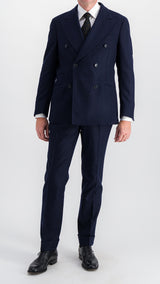 Costume croisé André en flanelle bleu marine par Maison Gabriel Paris, collection André Malraux porté face