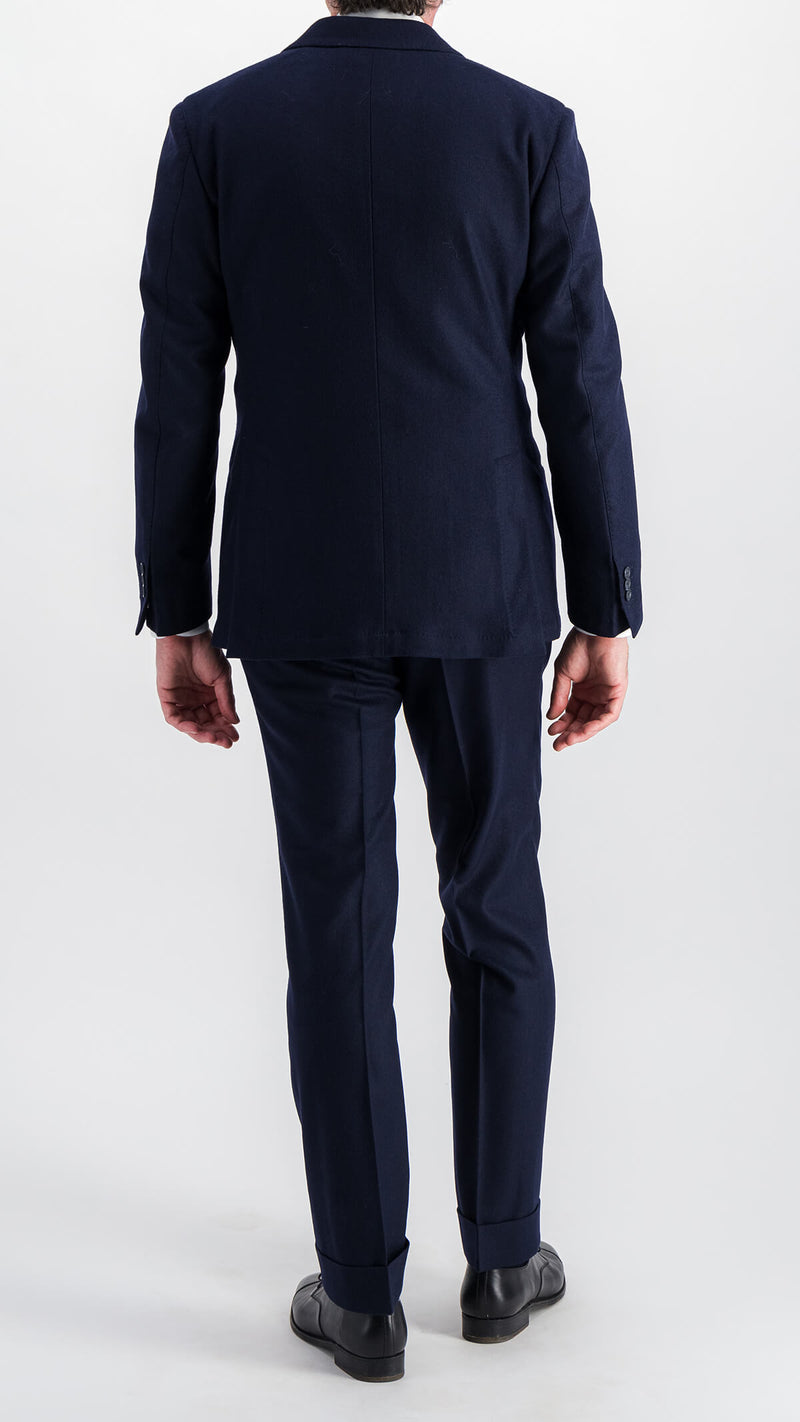 Costume croisé André en flanelle bleu marine par Maison Gabriel Paris, collection André Malraux porté dos