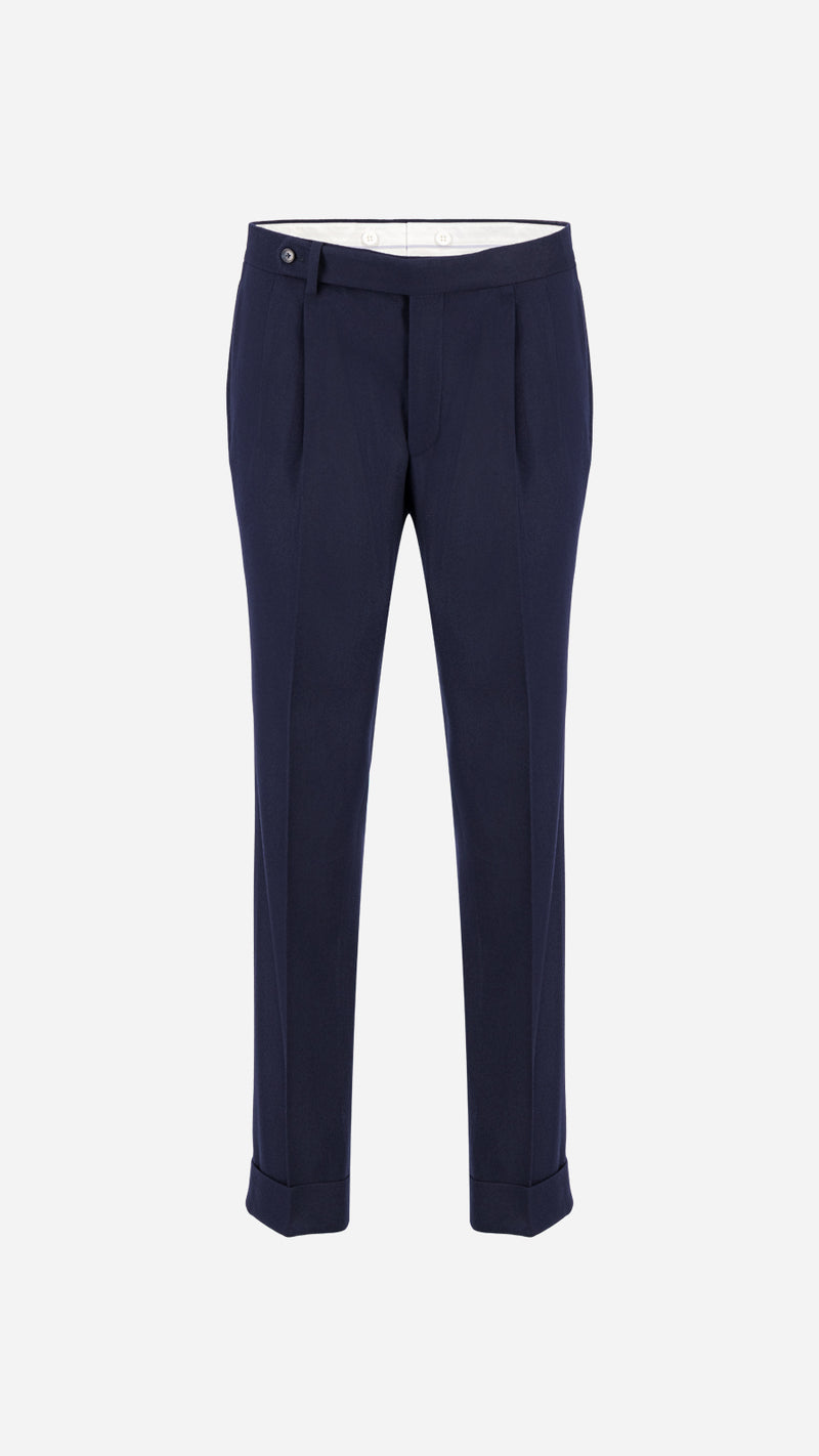 Costume croisé André en flanelle bleu marine par Maison Gabriel Paris, collection André Malraux pantalon face