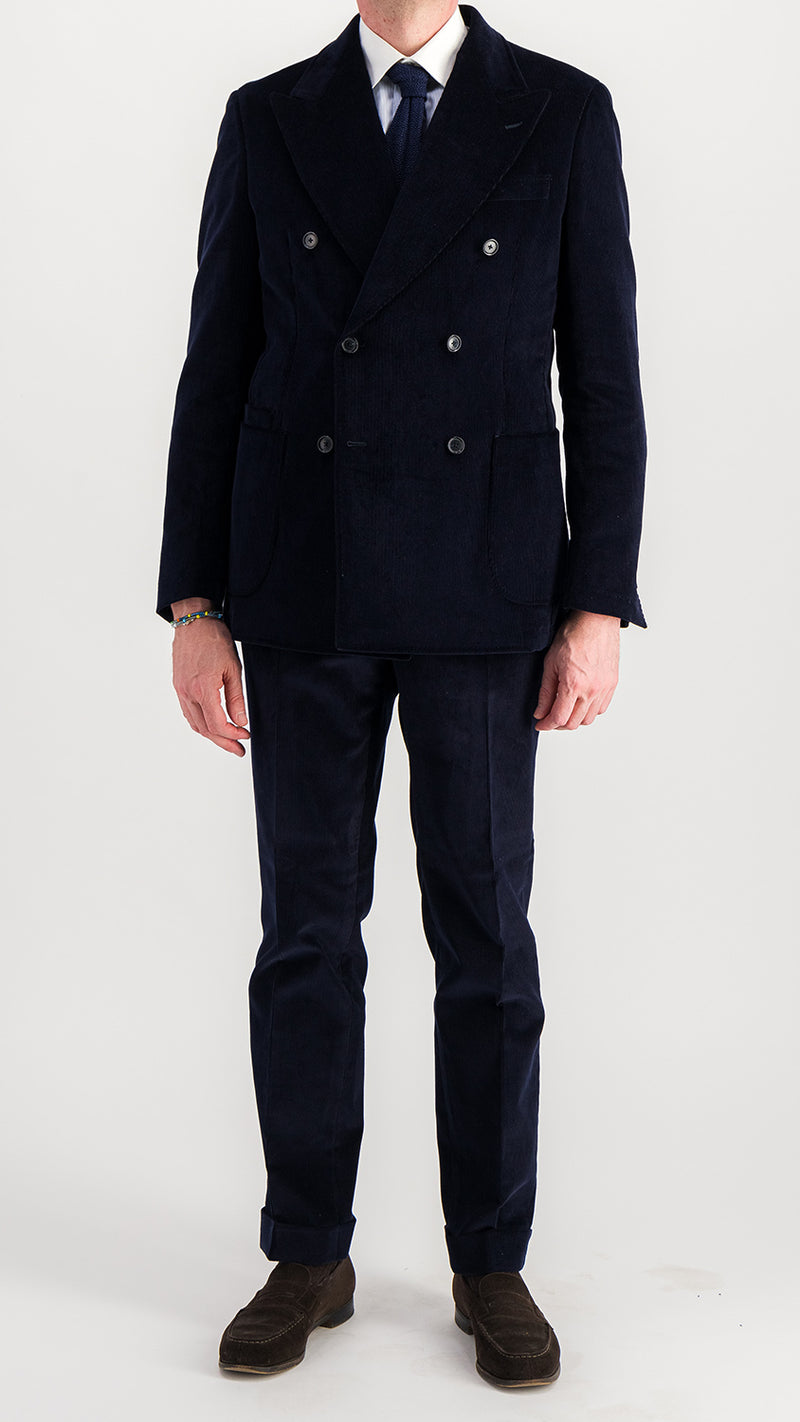 Axel double-breasted suit: navy-blue milleraies velvet