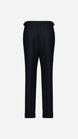 Le pantalon du costume croisé Serge en fresco à rayures tennis bleu - photographié en ghost vue de dos - Collection Printemps Été 2026  - Maison Gabriel Paris