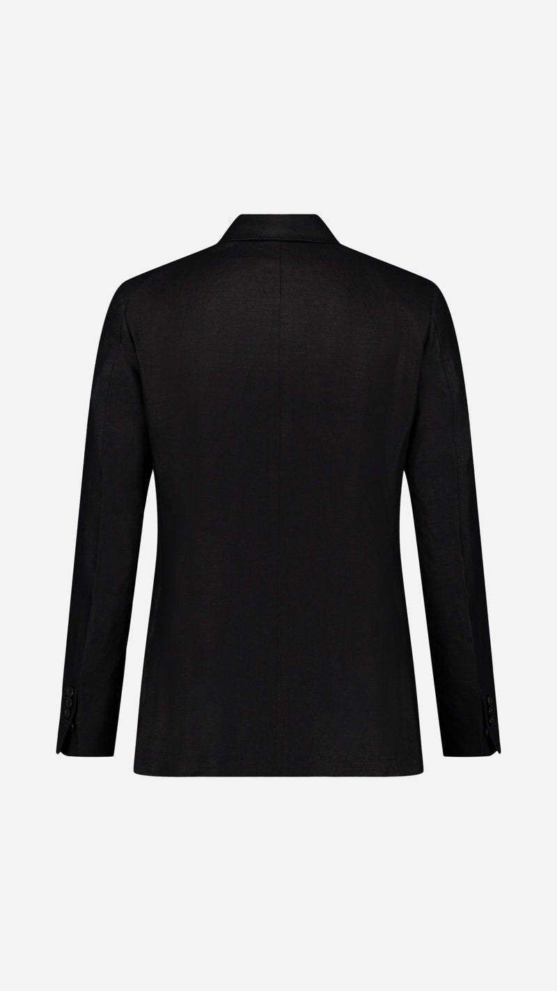 La veste du costume croisé Titouan en lin irlandais coloris noir - photographiée en ghost vue de dos - Collection Printemps Été 2025 par Maison Gabriel Paris