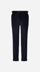 Le pantalon du costume droit Louis en velours côtelé bleu, vue de face, de la Maison Gabriel Paris