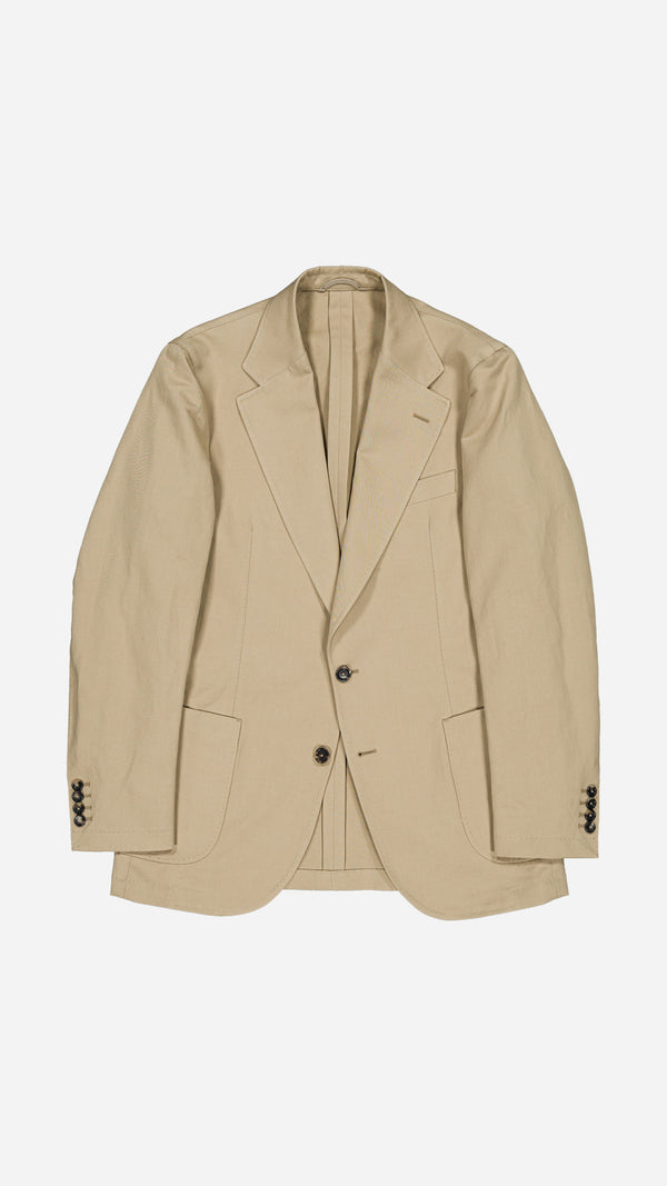 La veste du costume droit Raphel en lin et coton coloris mastic - photographié à plat vue de haut - Collection Printemps Été 2025 par Maison Gabriel Paris