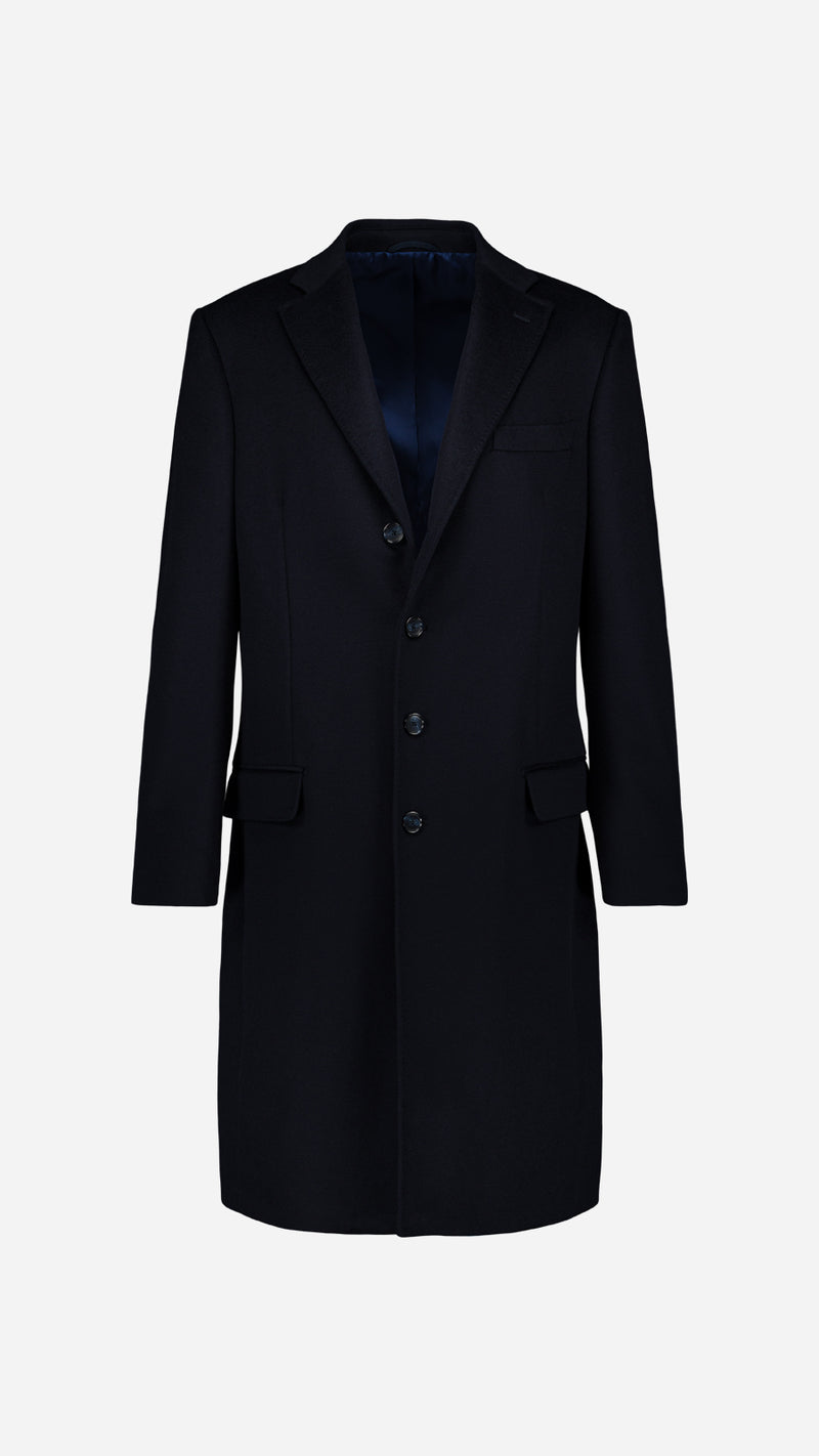 Le manteau Hannibal en laine et cachemire bleu marine - vue ghost face - Collection Automne Hiver 2025 par Maison Gabriel Paris