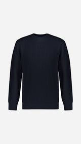 Le pull Jean-Paul en côtes anglaises col rond coloris bleu marine - vue de face - de la Maison Gabriel Paris