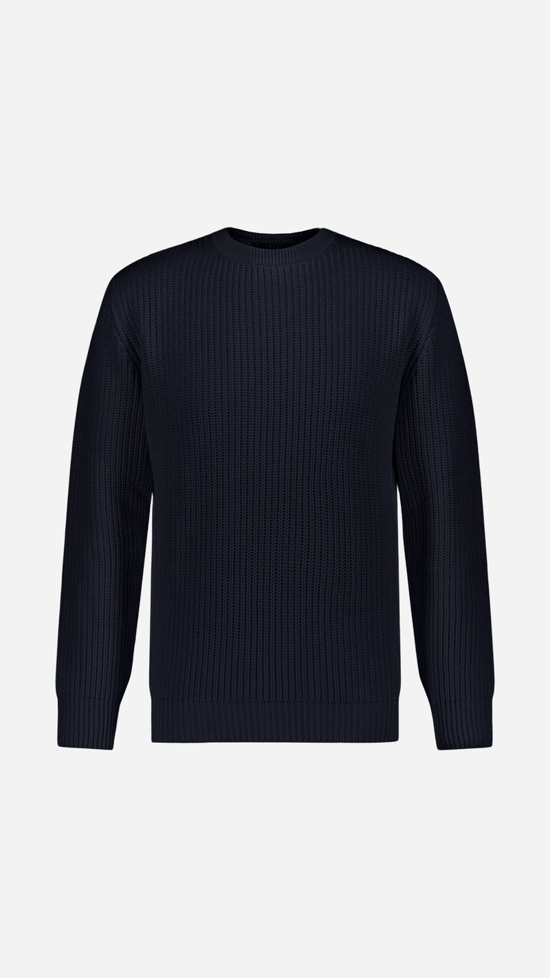 Le pull Jean-Paul en côtes anglaises col rond coloris bleu marine - vue de face - de la Maison Gabriel Paris
