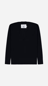 Pull col V profond Diego en laine mérinos bleu marine Le Minor X Gabriel - Vue  face - Collection Giacometti 2026 - Maison Gabriel Paris
