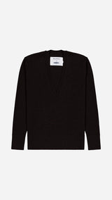 Pull col V profond Diego en laine mérinos marron Le Minor X Gabriel - Vue  face - Collection Giacometti 2026 - Maison Gabriel Paris