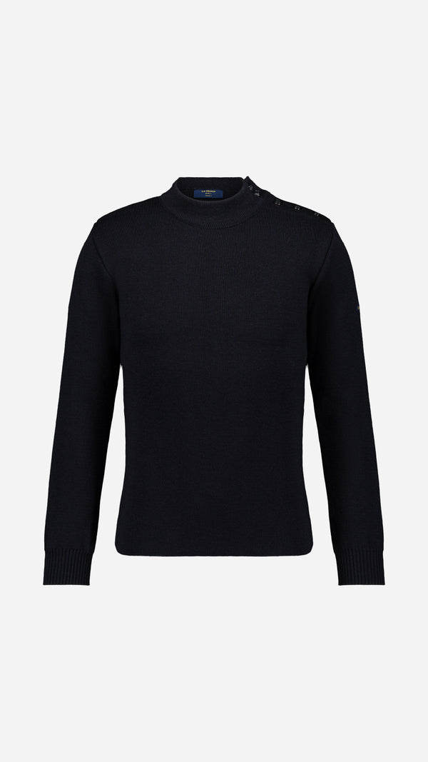 Pull marin Erwann en laine bleu nuit LE MINOR - Vue ghost face - Collection Automne Hiver 2025 - Maison Gabriel Paris