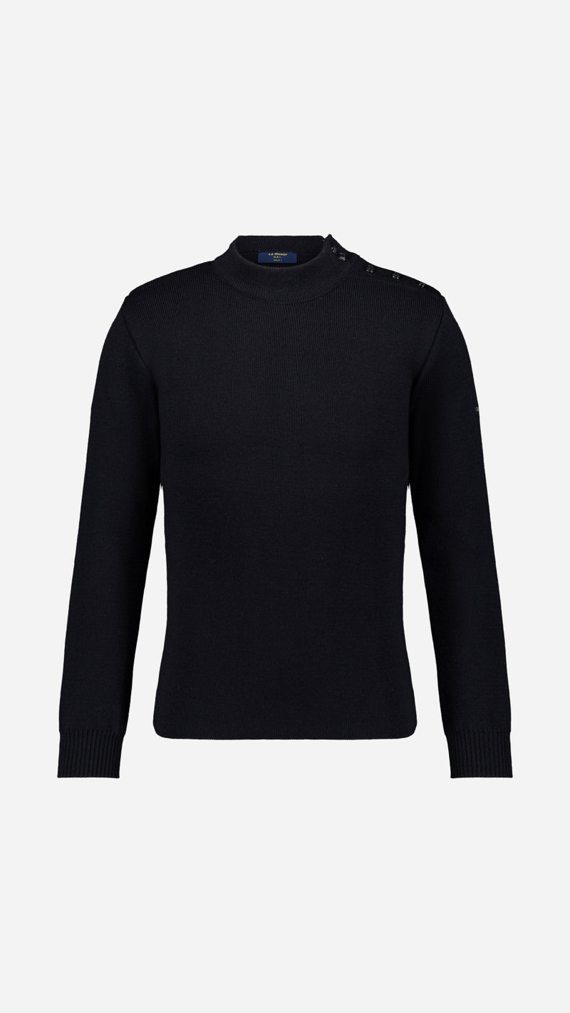 Pull marin Erwann en laine bleu nuit LE MINOR - Vue ghost face - Collection Automne Hiver 2025 - Maison Gabriel Paris