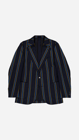 Le Rowing blazer droit Winston en laine et coton bleu nuit à rayures bleu roi et jaune - photographié vue de haut - Collection Printemps Été 2026  - Maison Gabriel Paris