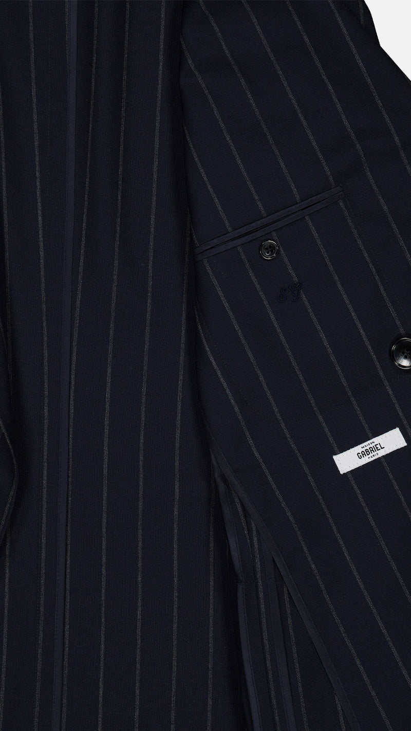 Veste croisée Serge en fresco bleu à rayures tennis - zoom tissu intérieur - Collection Printemps été 2025 - Maison Gabriel Paris