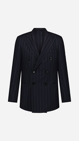 Veste croisée Serge en fresco bleu à rayures tennis - porté ghos vue de face - Collection Printemps été 2025 - Maison Gabriel Paris