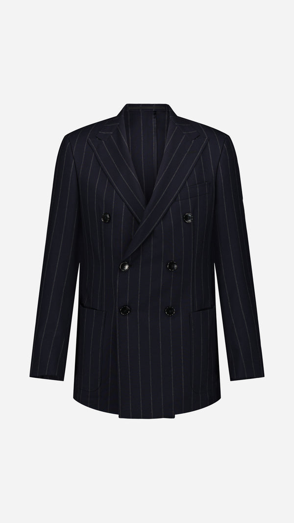 Veste croisée Serge en fresco bleu à rayures tennis - porté ghos vue de face - Collection Printemps été 2025 - Maison Gabriel Paris