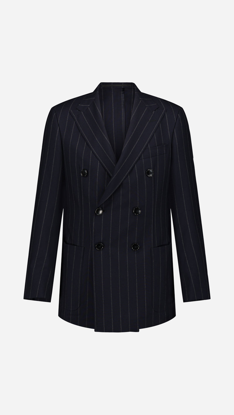 Veste croisée Serge en fresco bleu à rayures tennis - porté ghos vue de face - Collection Printemps été 2025 - Maison Gabriel Paris