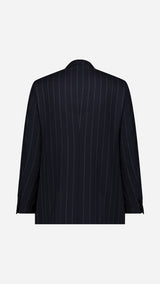 Veste croisée Serge en fresco bleu à rayures tennis - porté ghos vue de dos - Collection Printemps été 2025 - Maison Gabriel Paris