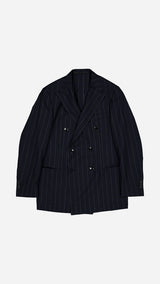 Veste croisée Serge en fresco bleu à rayures tennis - à plat - Collection Printemps été 2025 - Maison Gabriel Paris