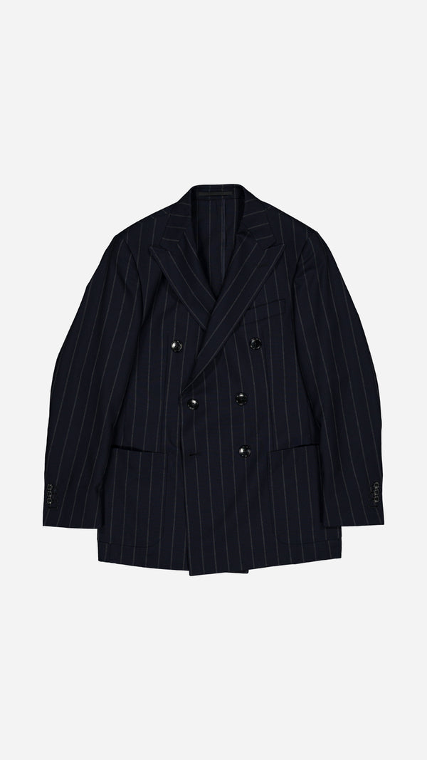 Veste croisée Serge en fresco bleu à rayures tennis - à plat - Collection Printemps été 2025 - Maison Gabriel Paris
