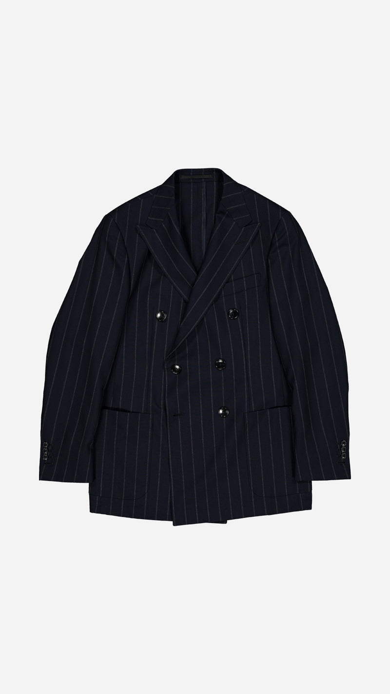 Veste croisée Serge en fresco bleu à rayures tennis - à plat - Collection Printemps été 2025 - Maison Gabriel Paris