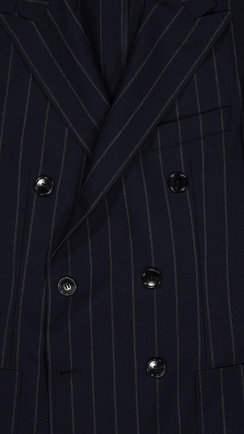 Veste croisée Serge en fresco bleu à rayures tennis - zoom tissu extérieur - Collection Printemps été 2025 - Maison Gabriel Paris