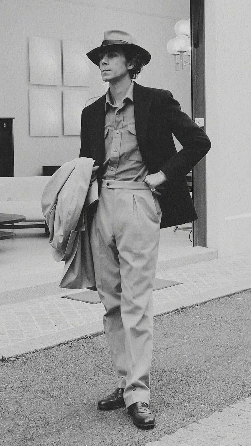 Pablo Saavedra de Decker est aux Puces de Saint Ouen et porte la veste  droite Orso en laine et cachemire bleu marine de la Maison Gabriel Paris