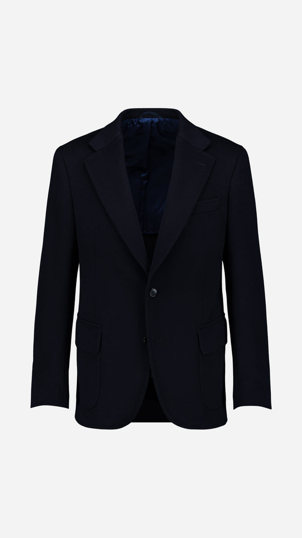 Veste droite Orso en laine et cachemire bleu marine - porté ghost vue de face - Collection Automne Hiver 2025 - Maison Gabriel  Paris