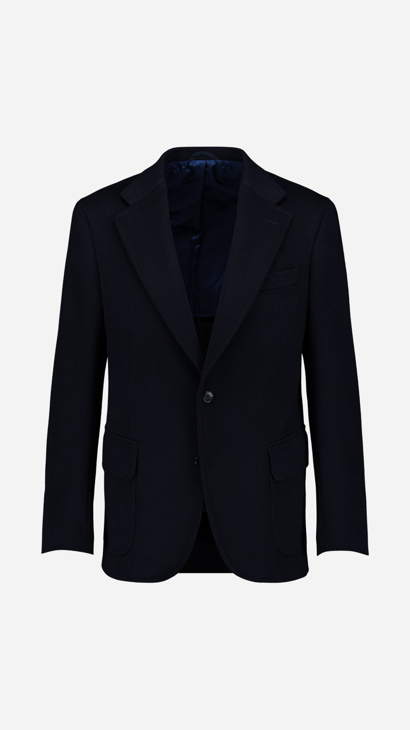 Veste droite Orso en laine et cachemire bleu marine - porté ghost vue de face - Collection Automne Hiver 2025 - Maison Gabriel  Paris