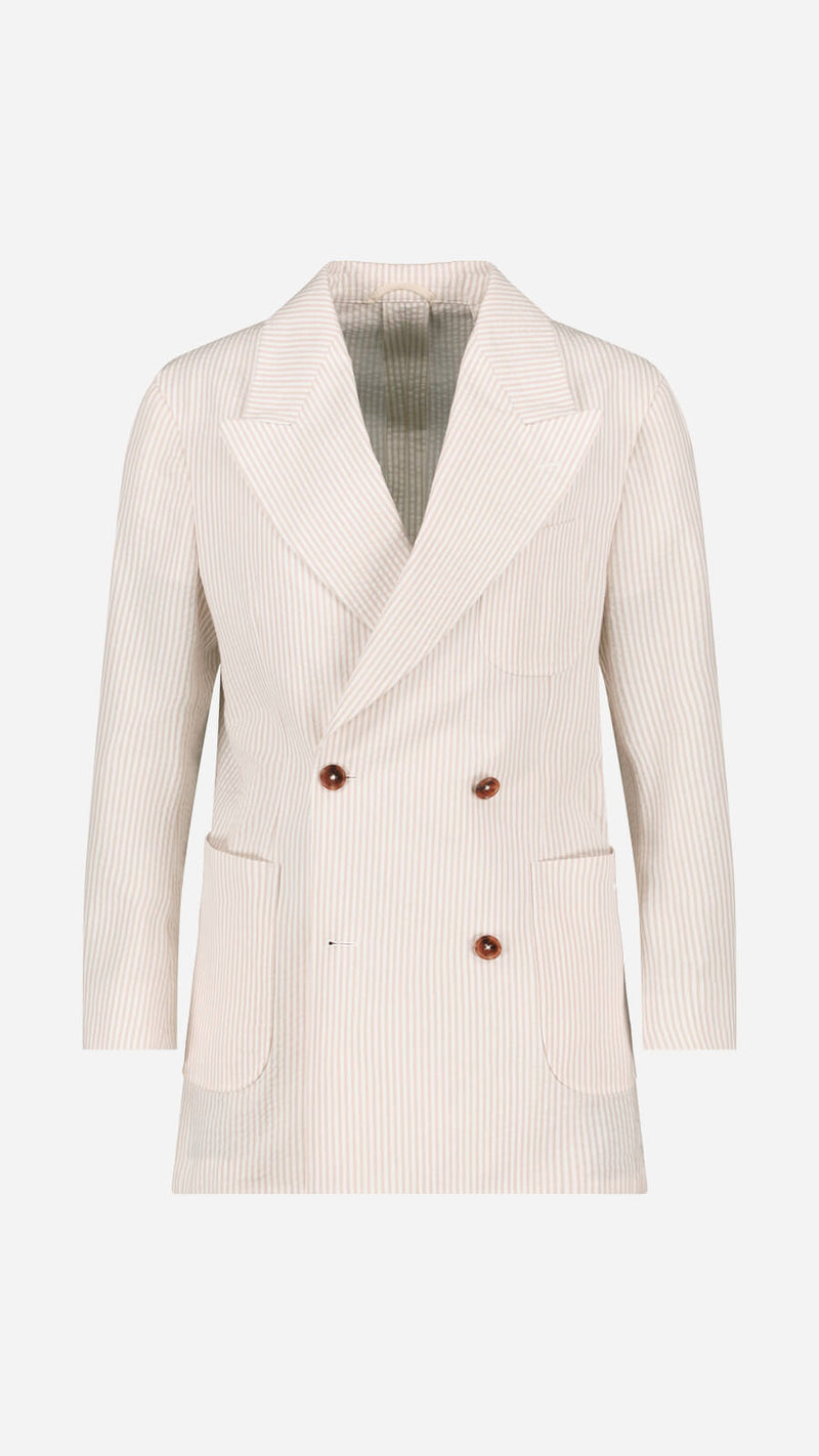 Double-breasted Camille suit: beige striped seersucker