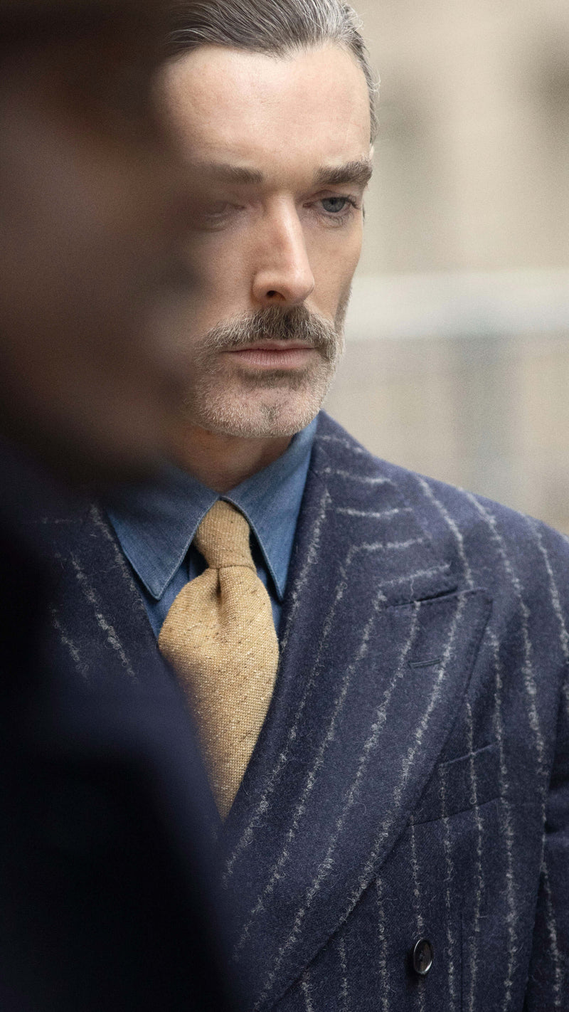 The Gabriel double-breasted suit: chalkstriped navy blue flannel
