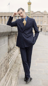 The Gabriel double-breasted suit: chalkstriped navy blue flannel