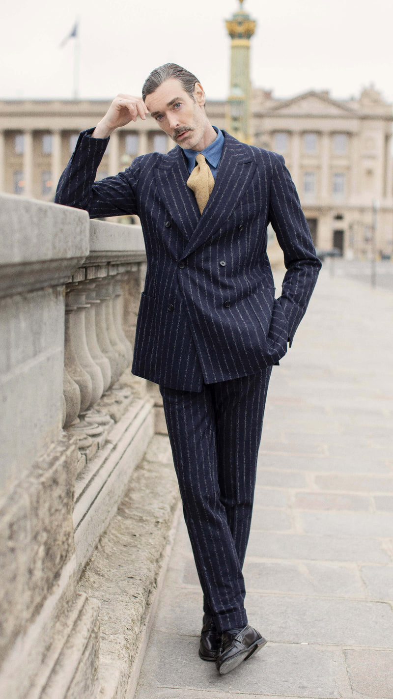 The Gabriel double-breasted suit: chalkstriped navy blue flannel