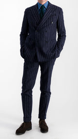 The Gabriel double-breasted suit: chalkstriped navy blue flannel