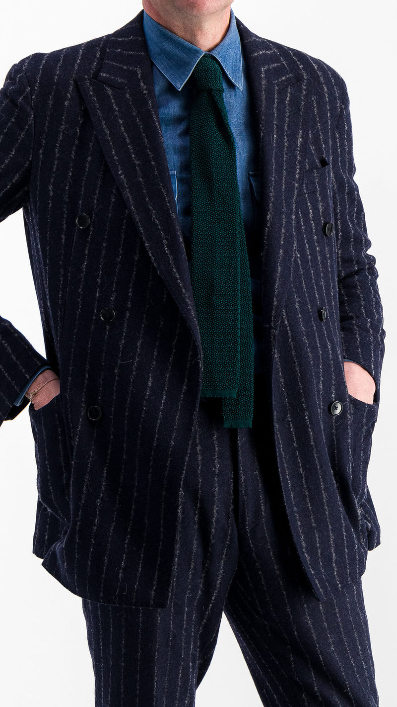 The Gabriel double-breasted suit: chalkstriped navy blue flannel