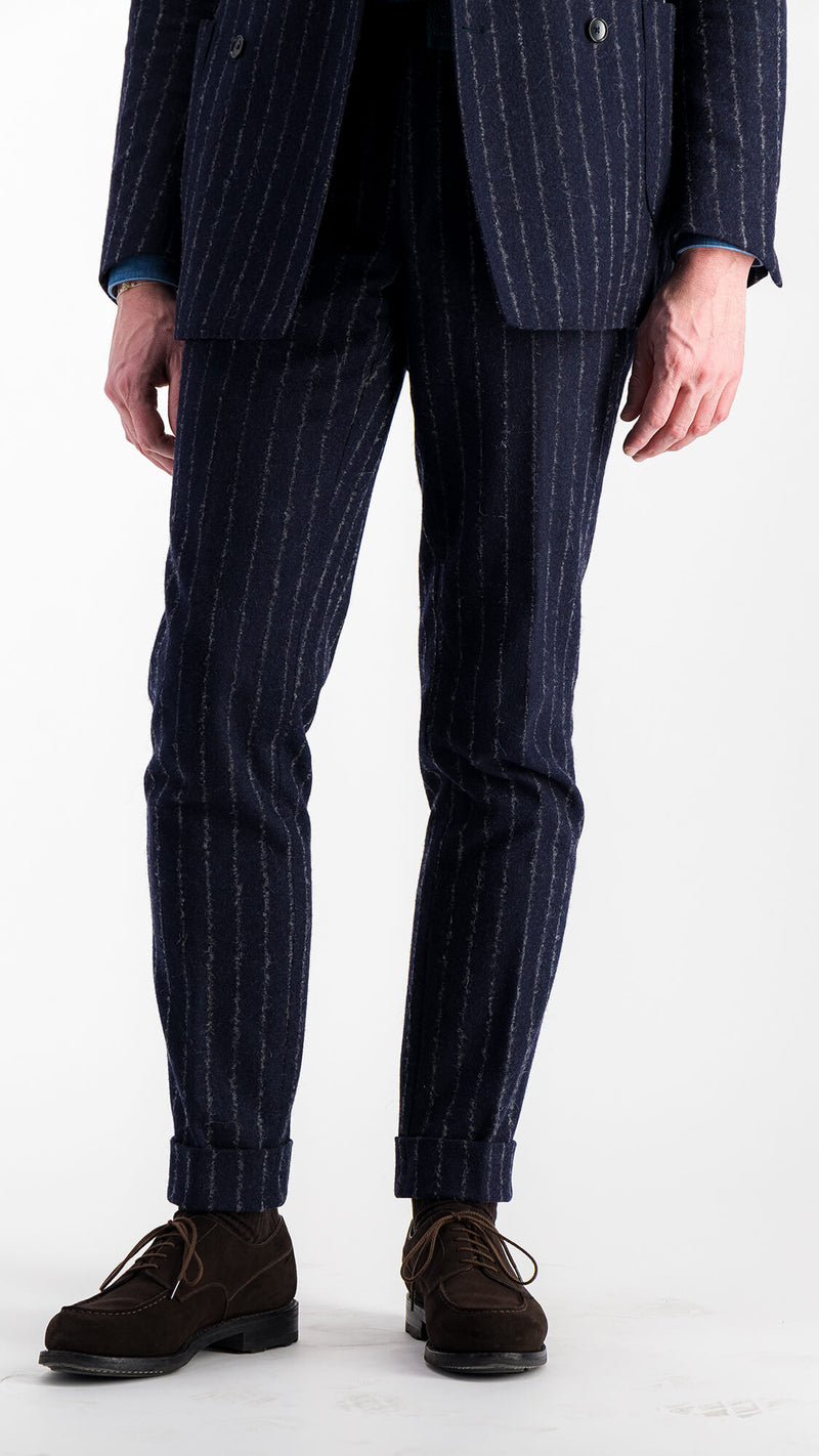 The Gabriel double-breasted suit: chalkstriped navy blue flannel